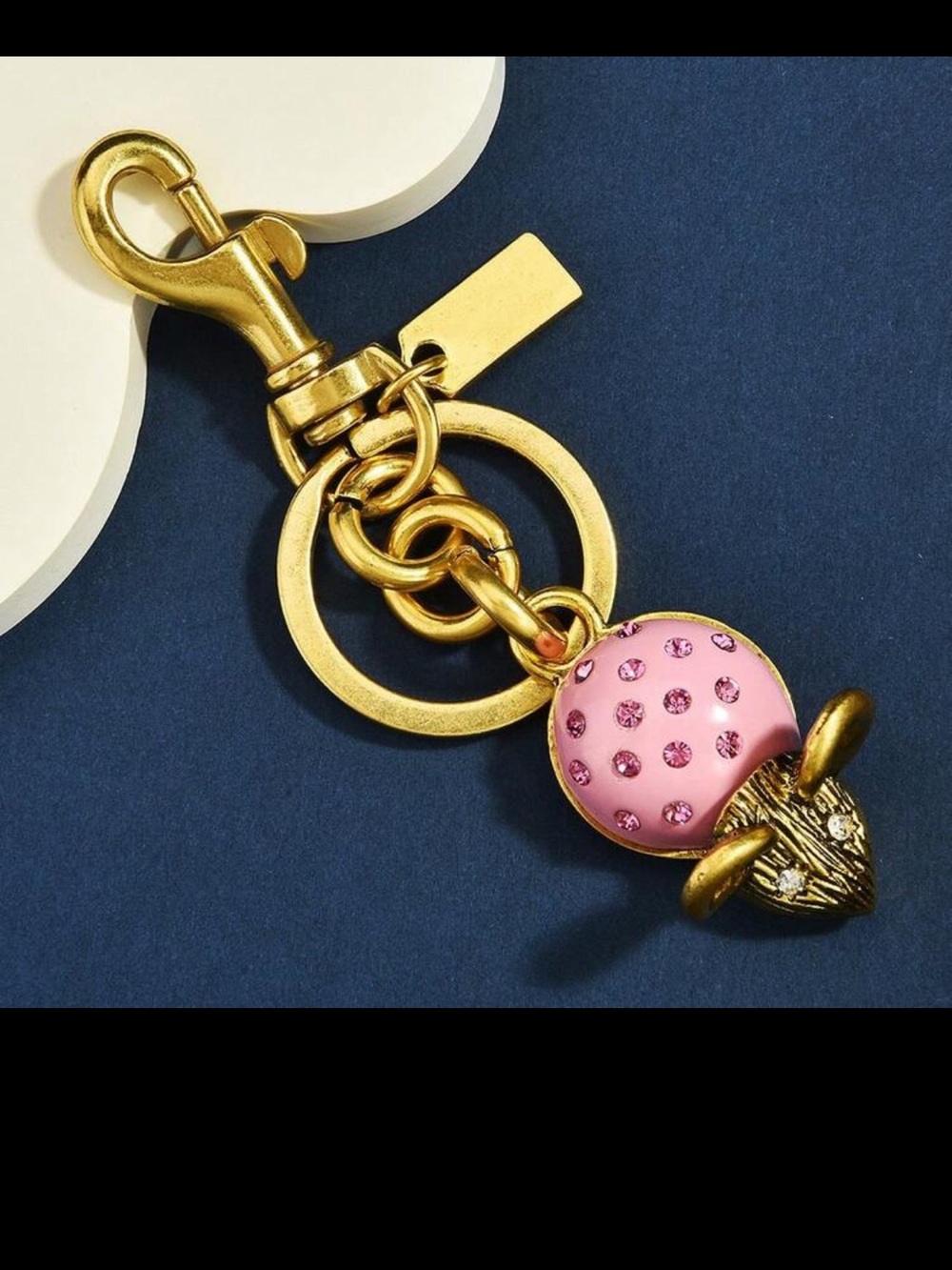 Gold-Tone Pink Crystal Mouse Keychain Charm